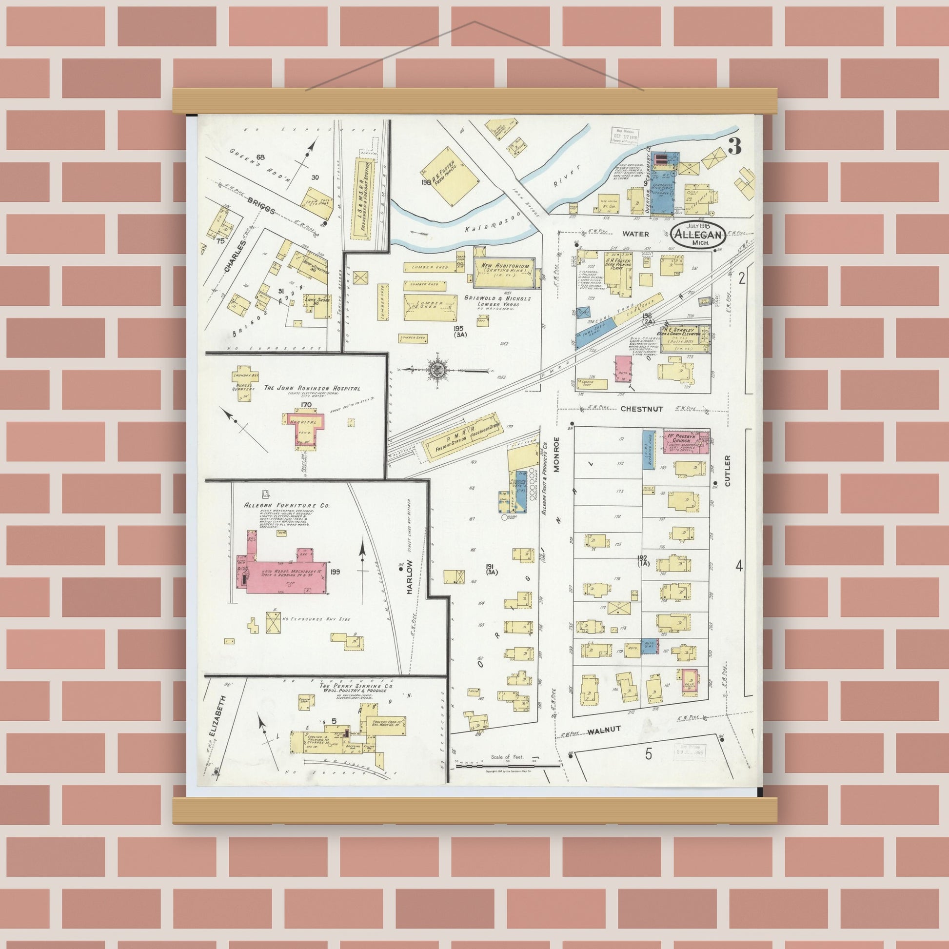 Old map wall art mockup — magnetic wood frame on brick wall — Sanborn Fire Insurance Map from Allegan, Allegan County, Michigan (1918), Sheet #0003