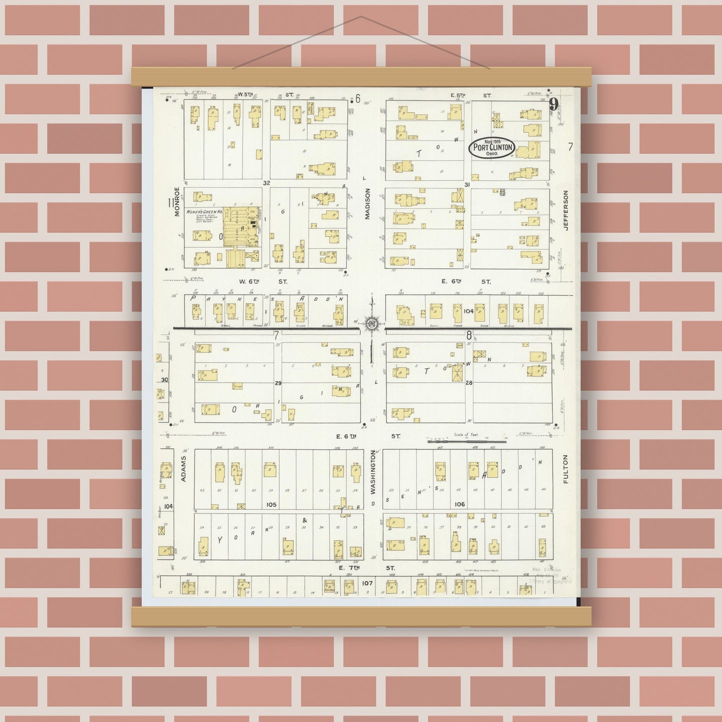 Old map wall art mockup — magnetic wood frame on brick wall — Sanborn Fire Insurance Map from Port Clinton, Ottawa County, Ohio (1916), Sheet #0009