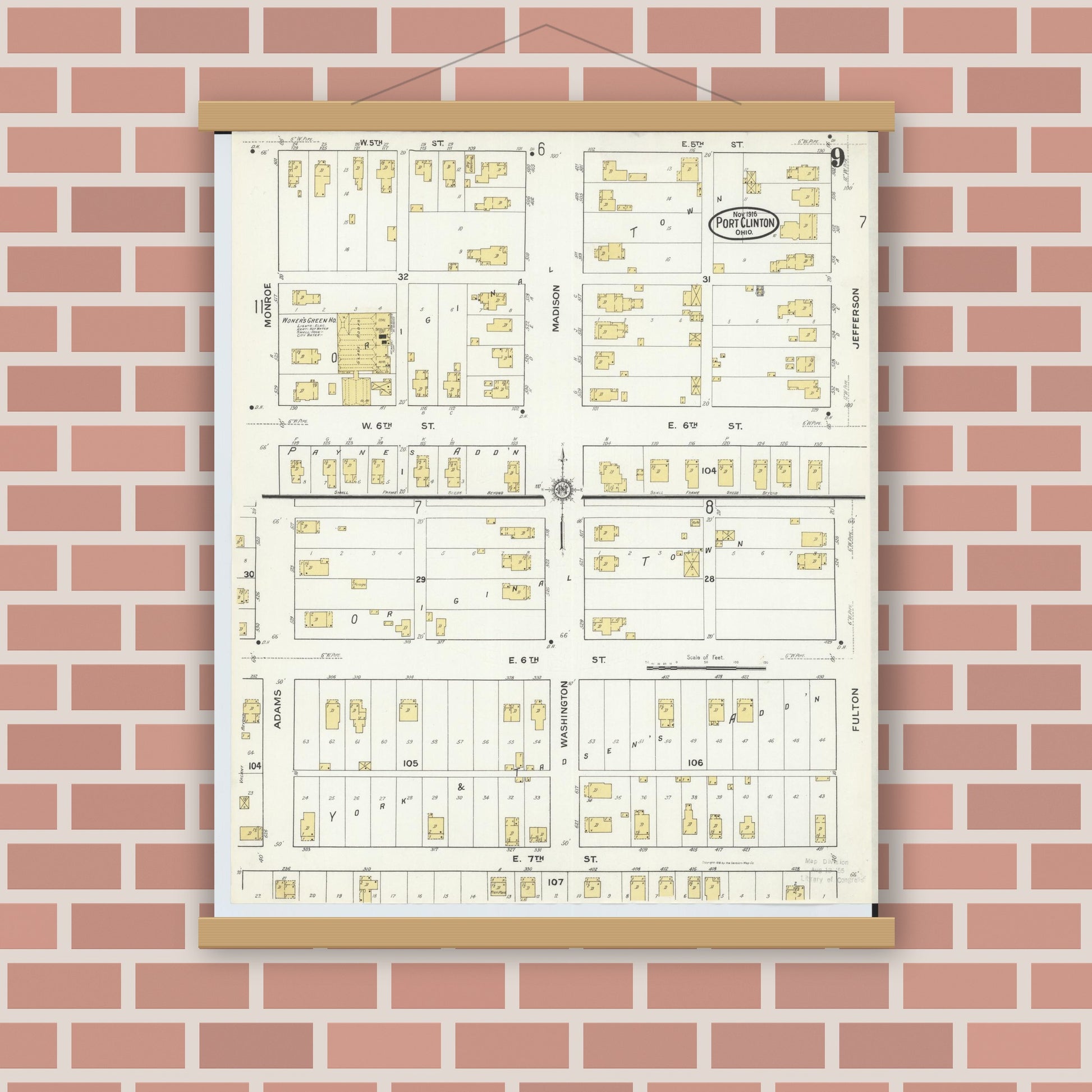 Old map wall art mockup — magnetic wood frame on brick wall — Sanborn Fire Insurance Map from Port Clinton, Ottawa County, Ohio (1916), Sheet #0009