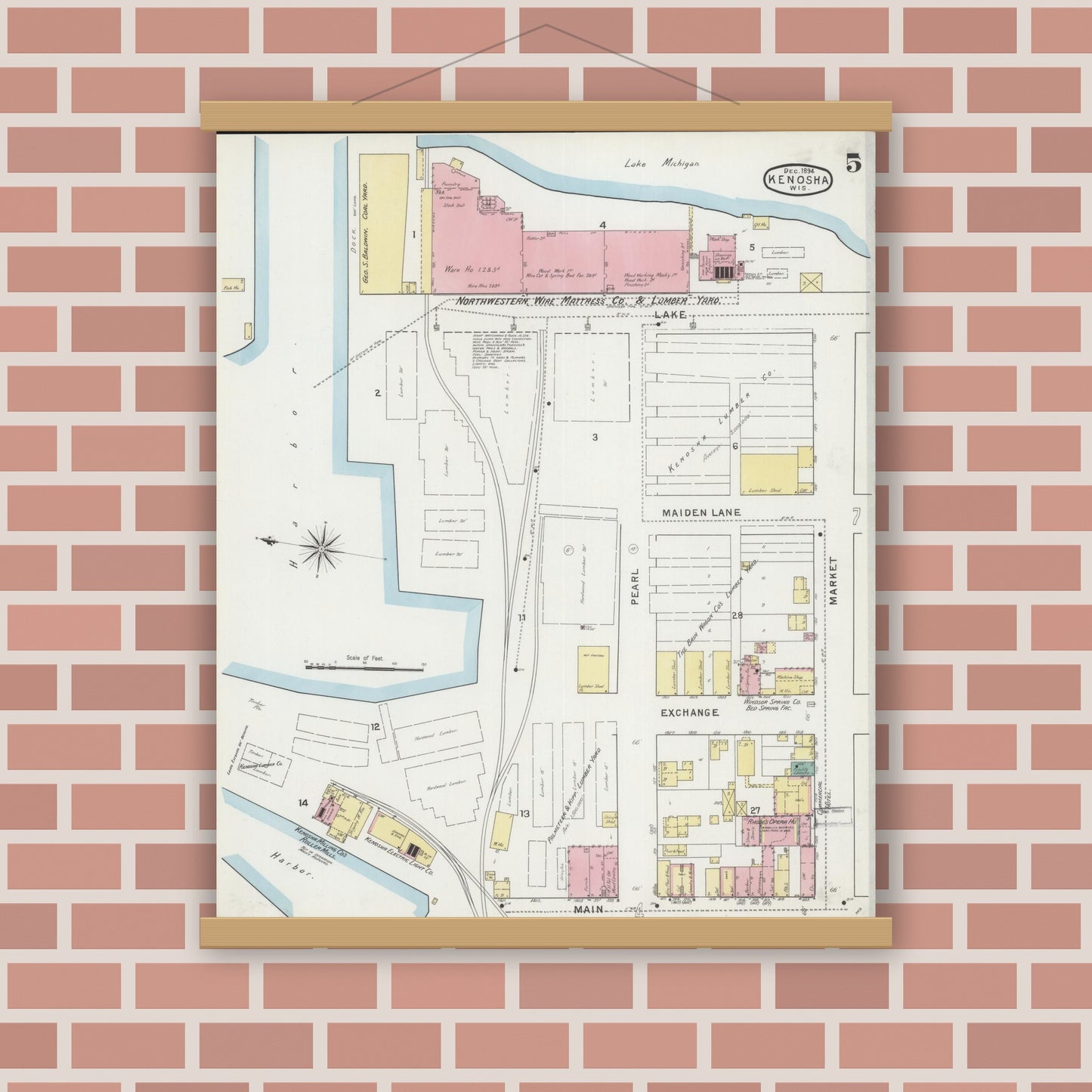 Old map wall art mockup — magnetic wood frame on brick wall — Sanborn Fire Insurance Map from Kenosha, Kenosha County, Wisconsin (1894), Sheet #0005
