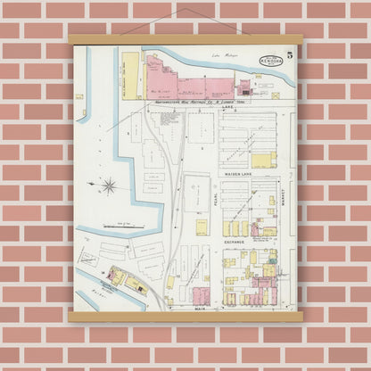 Old map wall art mockup — magnetic wood frame on brick wall — Sanborn Fire Insurance Map from Kenosha, Kenosha County, Wisconsin (1894), Sheet #0005