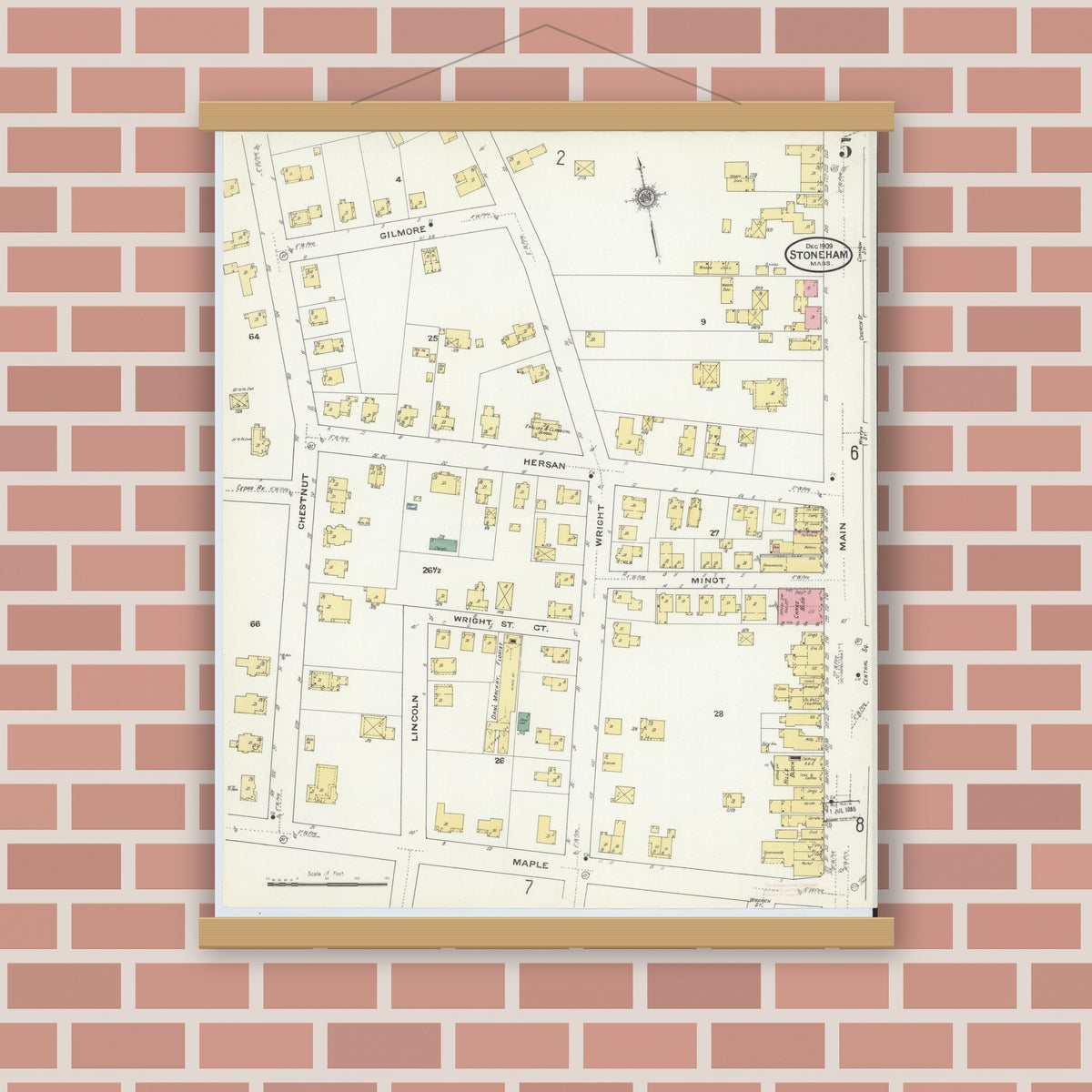 Old map wall art mockup — magnetic wood frame on brick wall — Sanborn Fire Insurance Map from Stoneham, Middlesex County, Massachusetts (1909), Sheet #0005