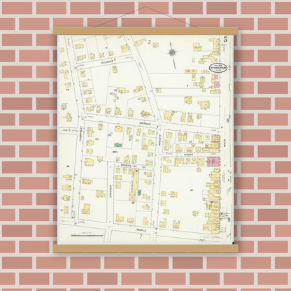 Old map wall art mockup — magnetic wood frame on brick wall — Sanborn Fire Insurance Map from Stoneham, Middlesex County, Massachusetts (1909), Sheet #0005