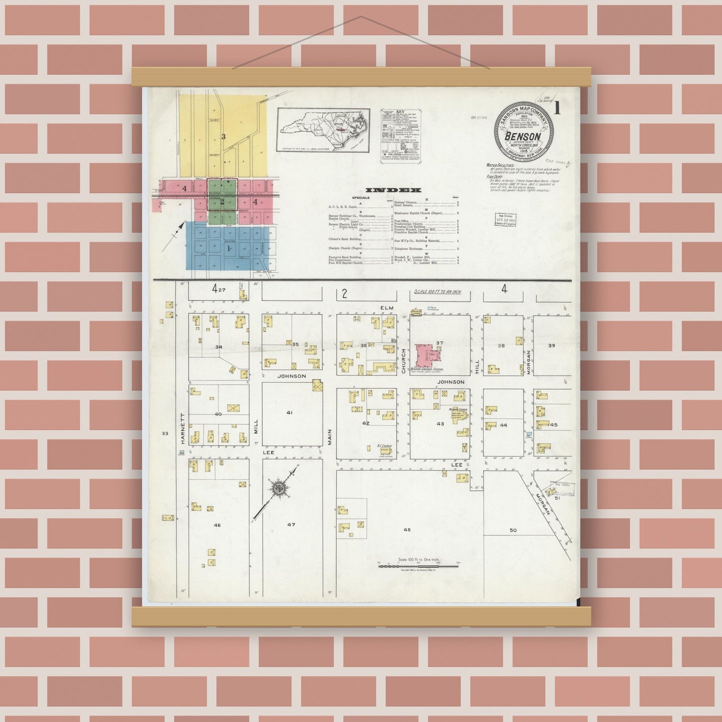 Old map wall art mockup — magnetic wood frame on brick wall — Sanborn Fire Insurance Map from Benson, Johnson County, North Carolina (1918) - Complete Map Set