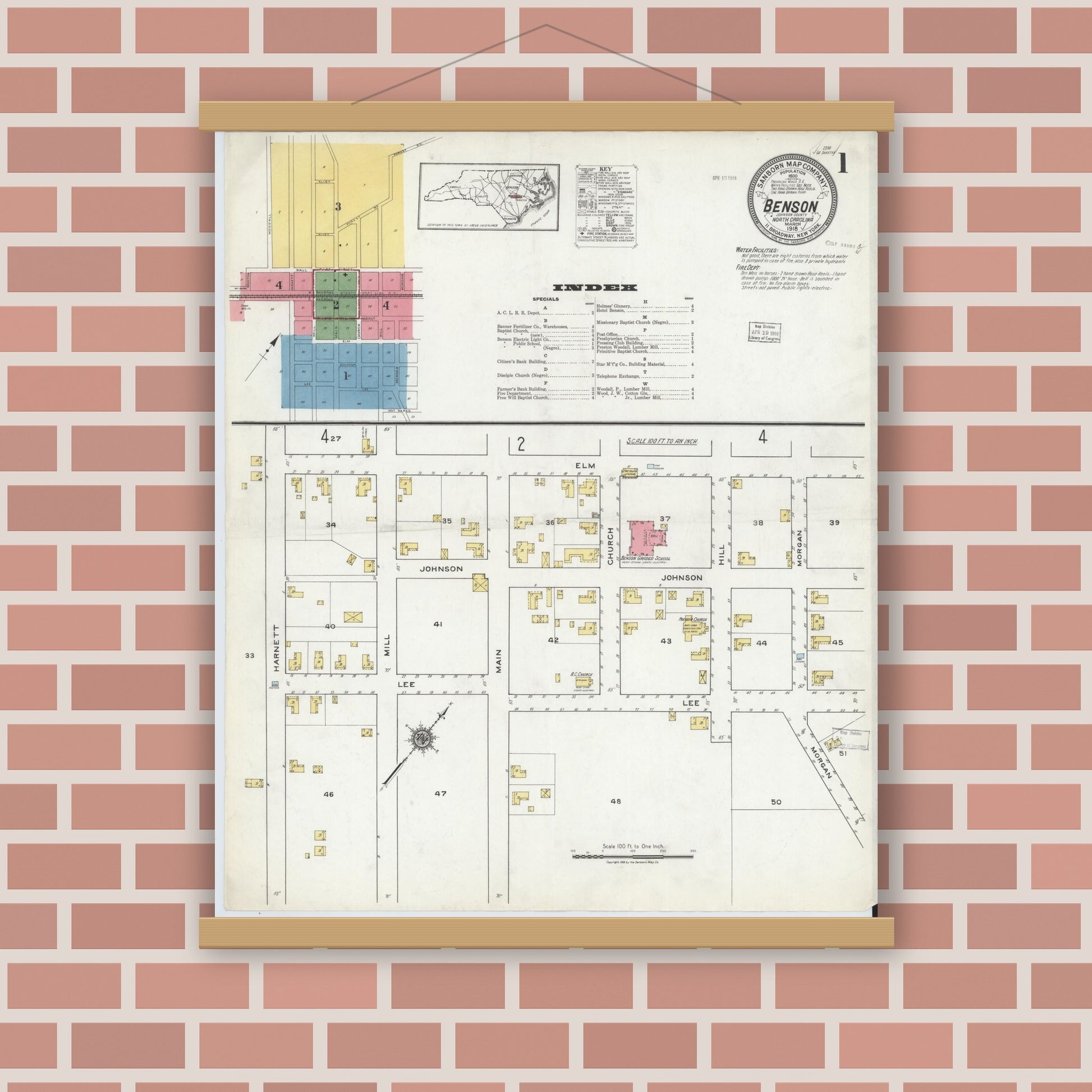 Old map wall art mockup — magnetic wood frame on brick wall — Sanborn Fire Insurance Map from Benson, Johnson County, North Carolina (1918) - Complete Map Set
