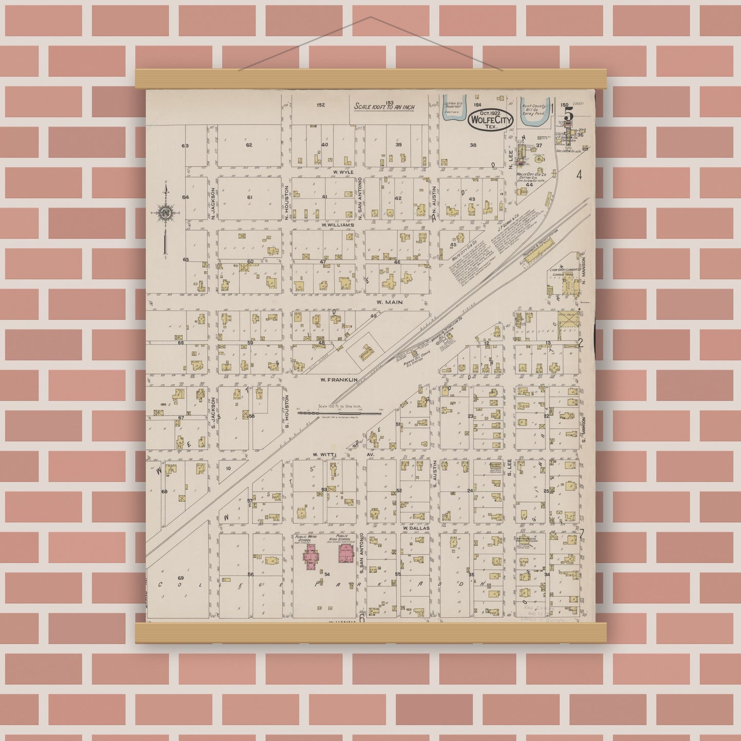 Old map wall art mockup — magnetic wood frame on brick wall — Sanborn Fire Insurance Map from Wolfe City, Hunt County, Texas (1922), Sheet #0005