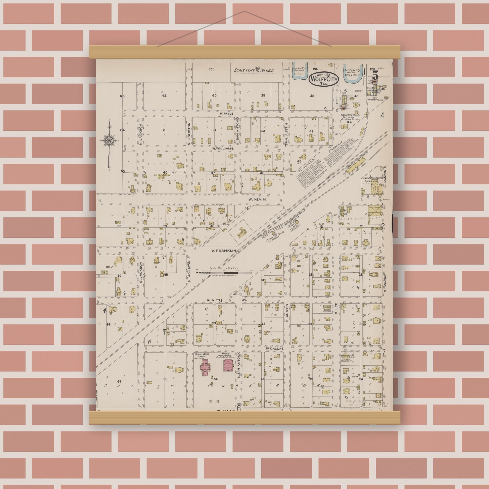 Old map wall art mockup — magnetic wood frame on brick wall — Sanborn Fire Insurance Map from Wolfe City, Hunt County, Texas (1922), Sheet #0005