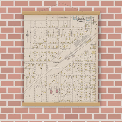 Old map wall art mockup — magnetic wood frame on brick wall — Sanborn Fire Insurance Map from Wolfe City, Hunt County, Texas (1922), Sheet #0005