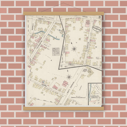 Old map wall art mockup — magnetic wood frame on brick wall — Sanborn Fire Insurance Map from Schenectady, Schenectady County, New York (1884), Sheet #0003