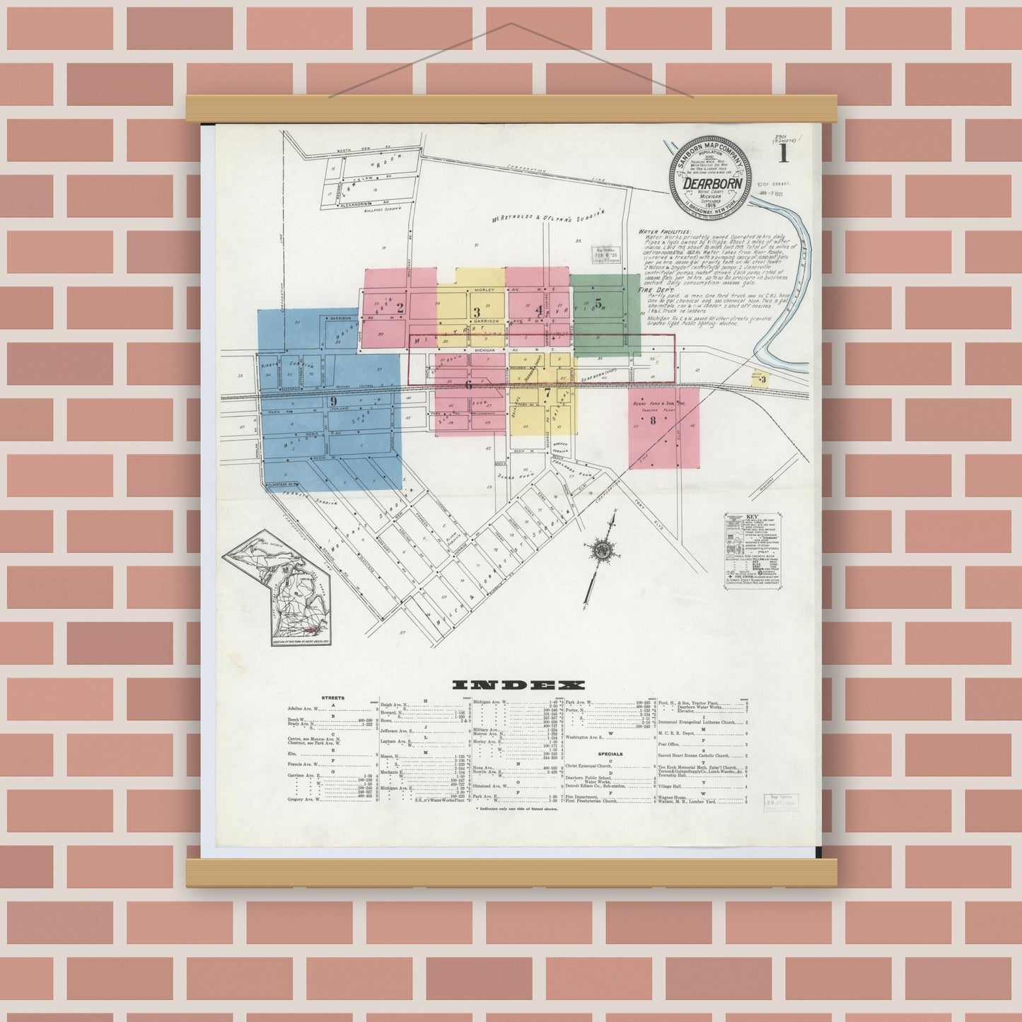 Old map wall art mockup — magnetic wood frame on brick wall — Sanborn Fire Insurance Map from Dearborn, Wayne County, Michigan (1919) - Complete Map Set