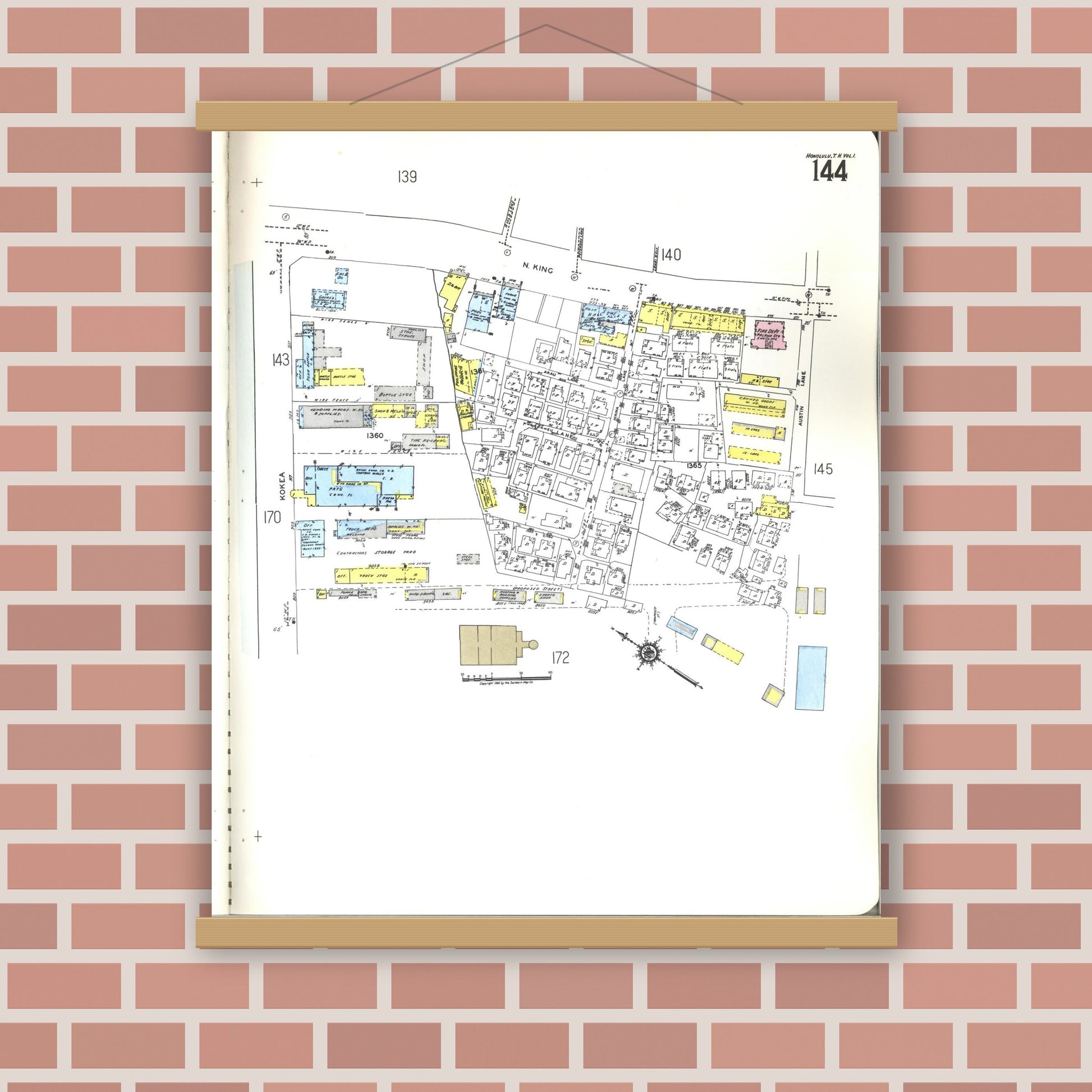 Old map wall art mockup — magnetic wood frame on brick wall — Sanborn Fire Insurance Map from Honolulu, Oahu County, Hawaii (1955), Sheet #0144