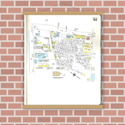 Old map wall art mockup — magnetic wood frame on brick wall — Sanborn Fire Insurance Map from Honolulu, Oahu County, Hawaii (1955), Sheet #0144