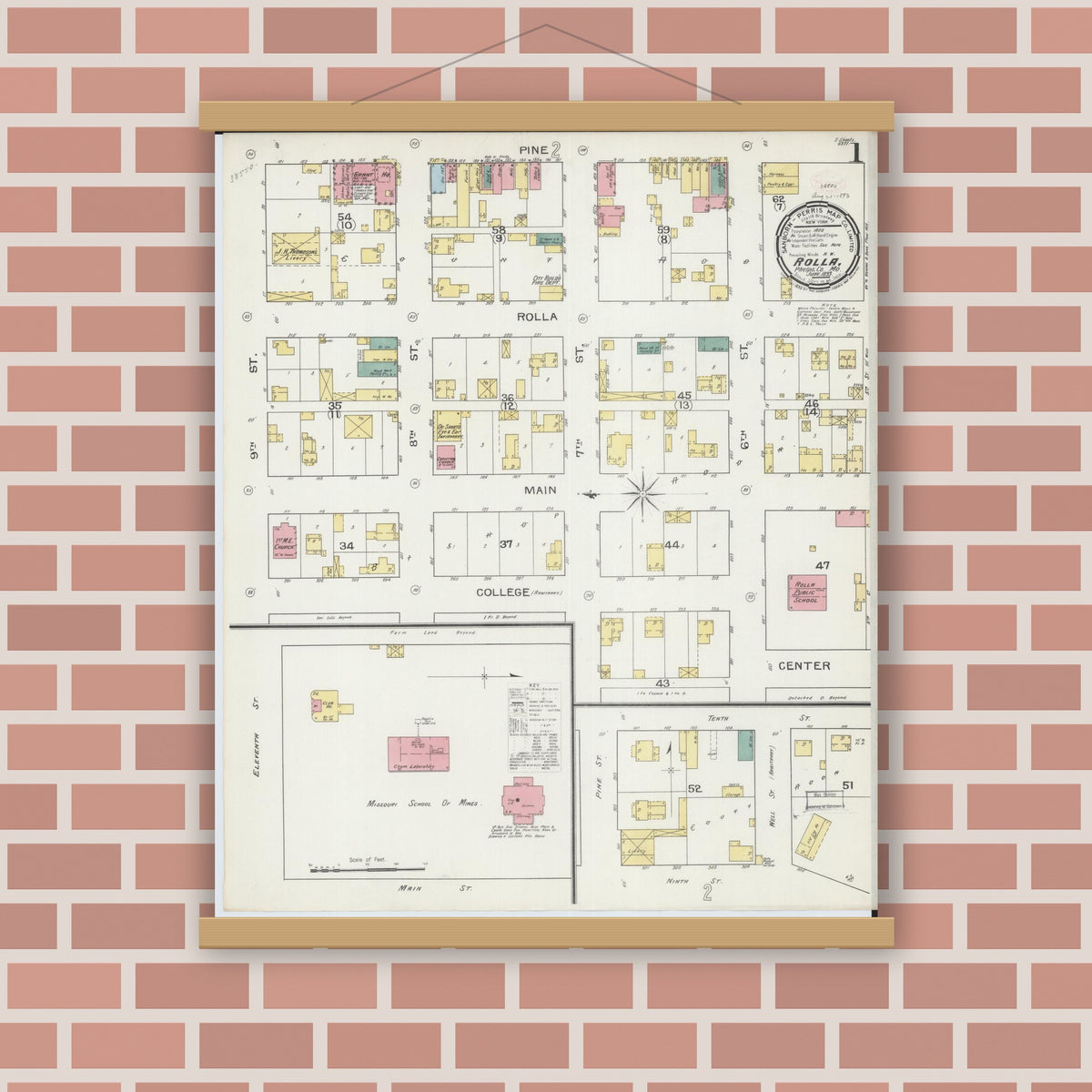 Old map wall art mockup — magnetic wood frame on brick wall — Sanborn Fire Insurance Map from Rolla, Phelps County, Missouri (1893) - Complete Map Set