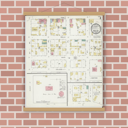 Old map wall art mockup — magnetic wood frame on brick wall — Sanborn Fire Insurance Map from Rolla, Phelps County, Missouri (1893) - Complete Map Set