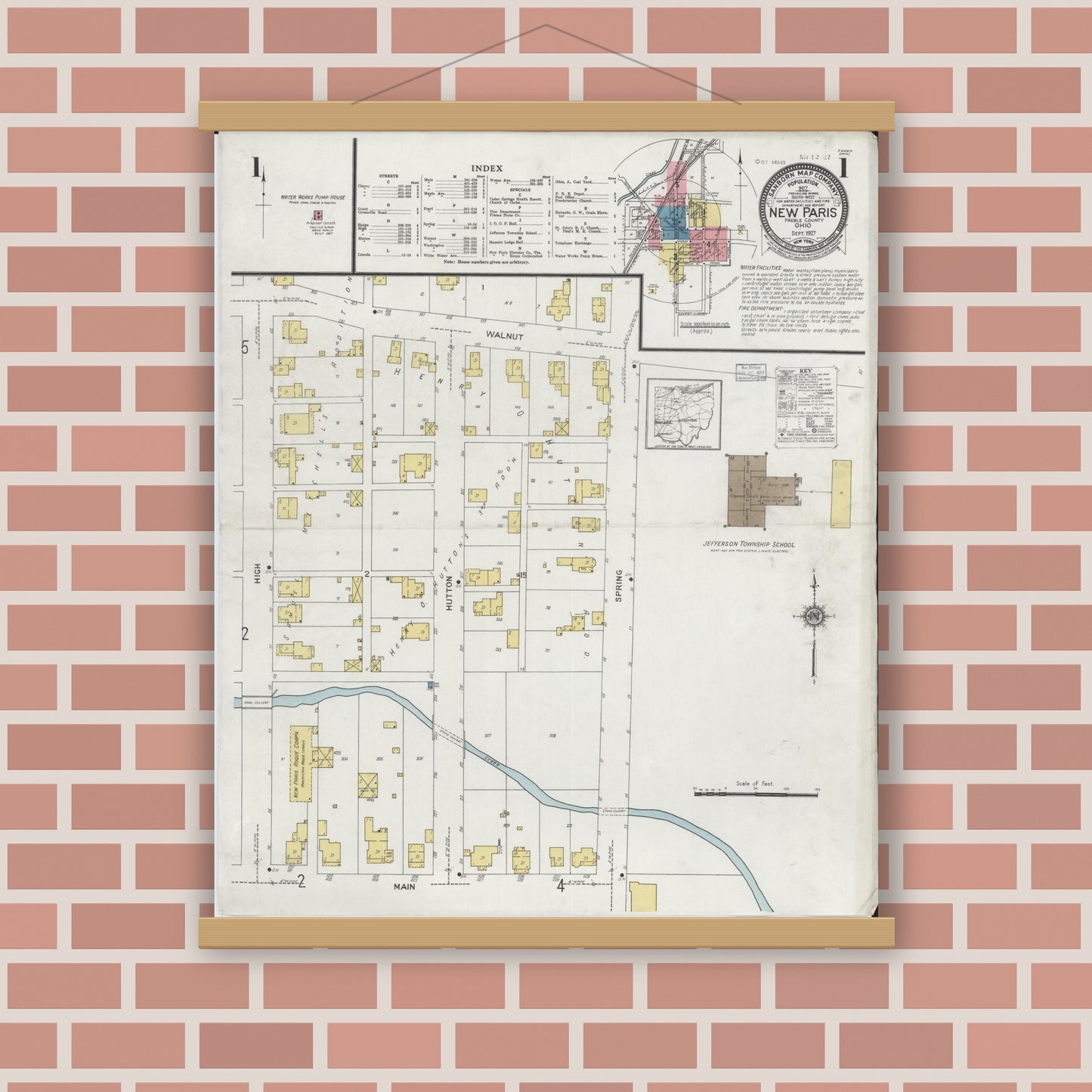 Old map wall art mockup — magnetic wood frame on brick wall — Sanborn Fire Insurance Map from New Paris, Preble County, Ohio (1927) - Complete Map Set