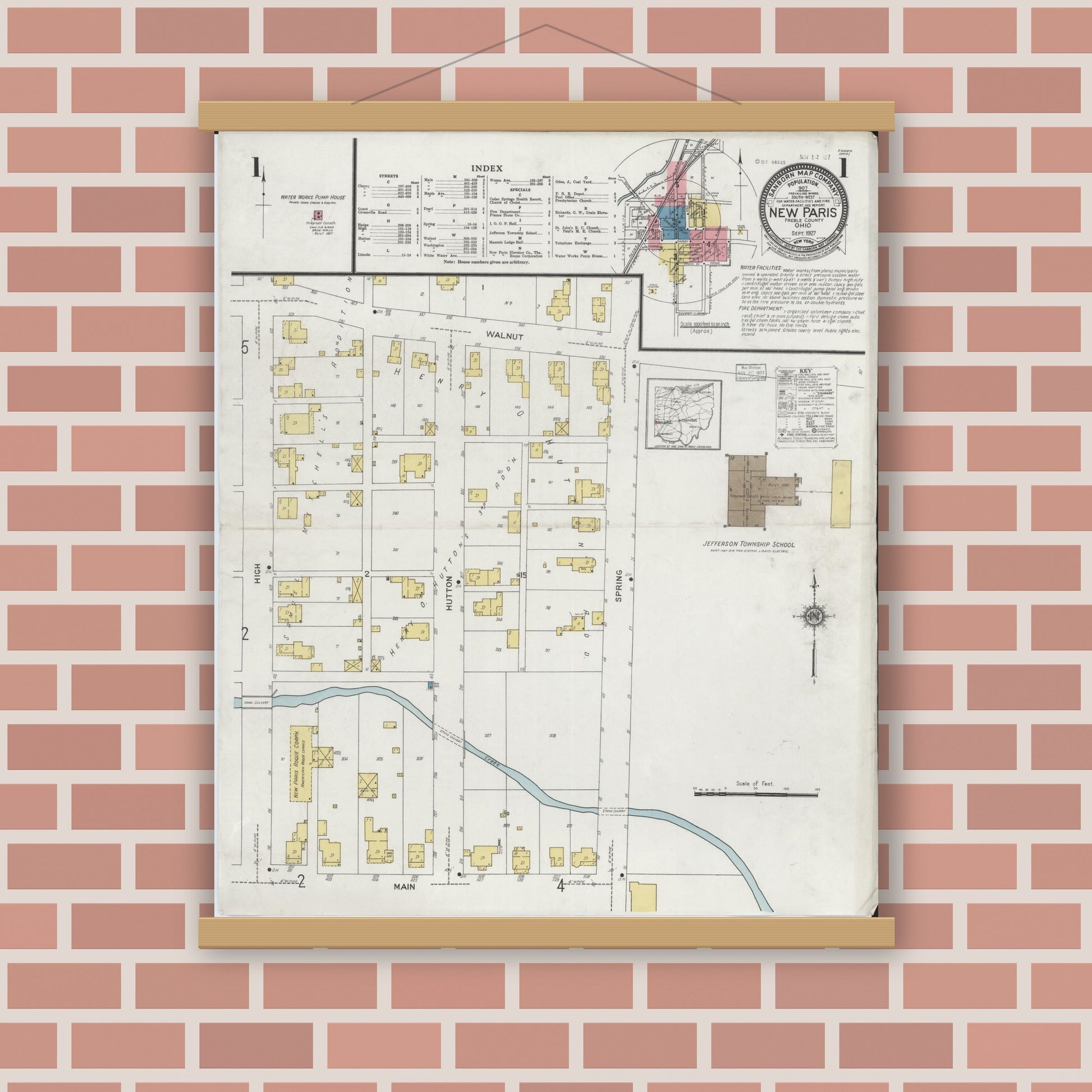 Old map wall art mockup — magnetic wood frame on brick wall — Sanborn Fire Insurance Map from New Paris, Preble County, Ohio (1927) - Complete Map Set