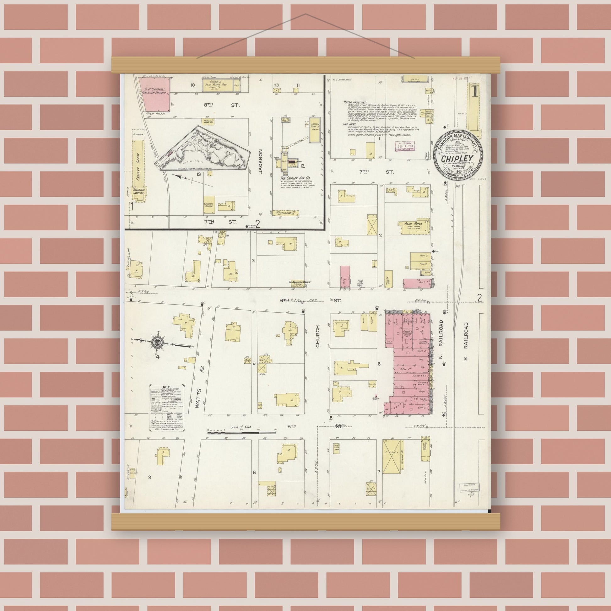 Old map wall art mockup — magnetic wood frame on brick wall — Sanborn Fire Insurance Map from Chipley, Washington County, Florida (1913), Sheet #0001
