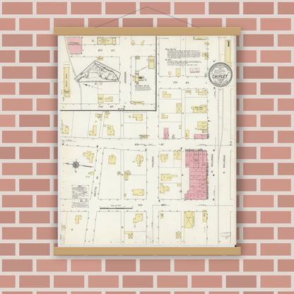 Old map wall art mockup — magnetic wood frame on brick wall — Sanborn Fire Insurance Map from Chipley, Washington County, Florida (1913), Sheet #0001