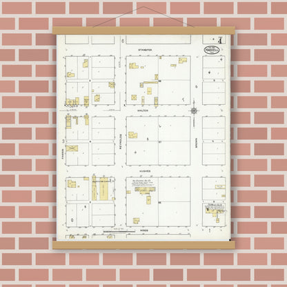 Old map wall art mockup — magnetic wood frame on brick wall — Sanborn Fire Insurance Map from Haskell, Haskell County, Texas (1921), Sheet #0004
