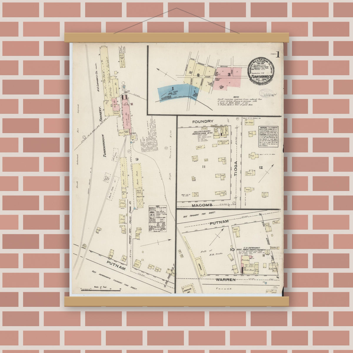 Old map wall art mockup — magnetic wood frame on brick wall — Sanborn Fire Insurance Map from Tunkhannock, Wyoming County, Pennsylvania (1884), Sheet #0001