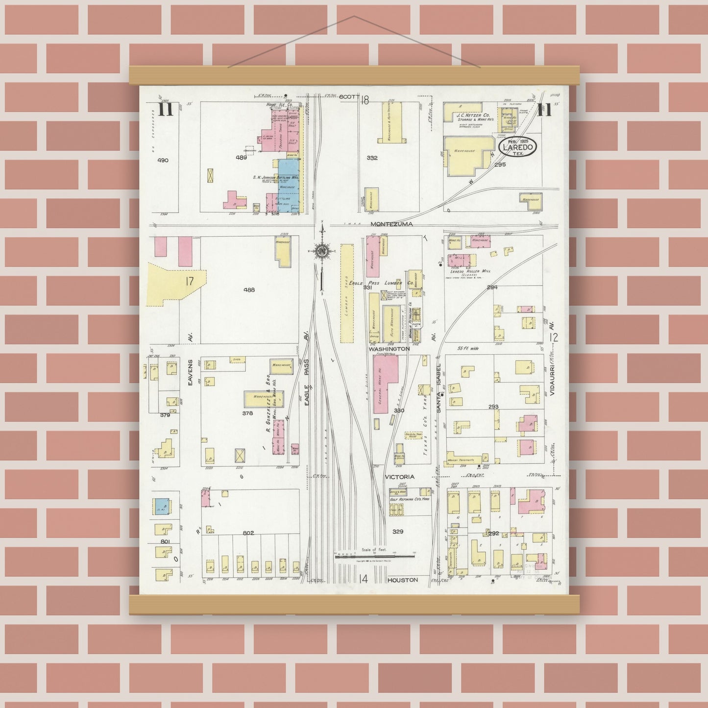 Old map wall art mockup — magnetic wood frame on brick wall — Sanborn Fire Insurance Map from Laredo, Webb County, Texas (1925), Sheet #0011