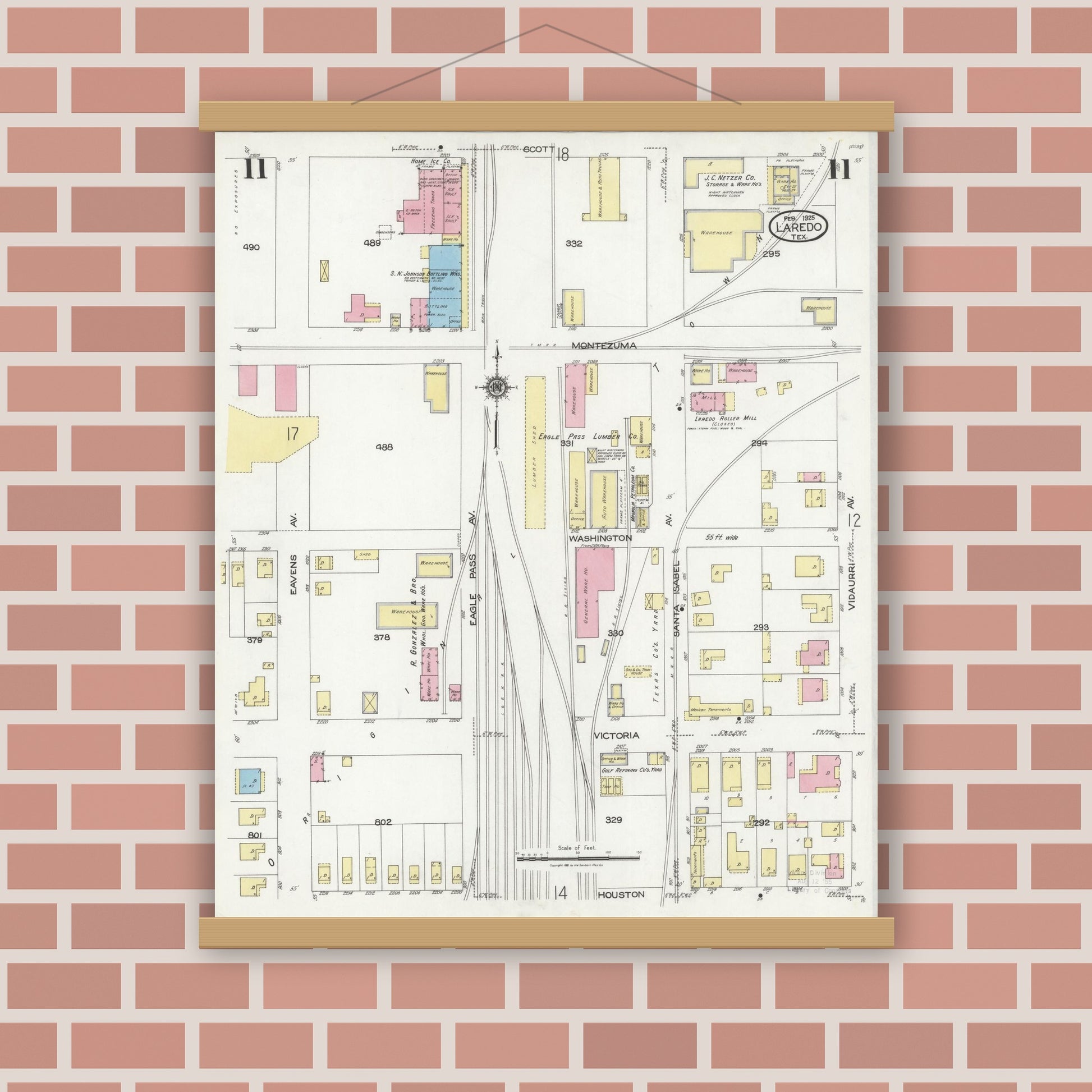 Old map wall art mockup — magnetic wood frame on brick wall — Sanborn Fire Insurance Map from Laredo, Webb County, Texas (1925), Sheet #0011