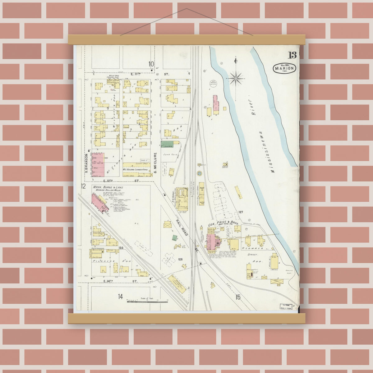 Old map wall art mockup — magnetic wood frame on brick wall — Sanborn Fire Insurance Map from Marion, Grant County, Indiana (1896), Sheet #0013