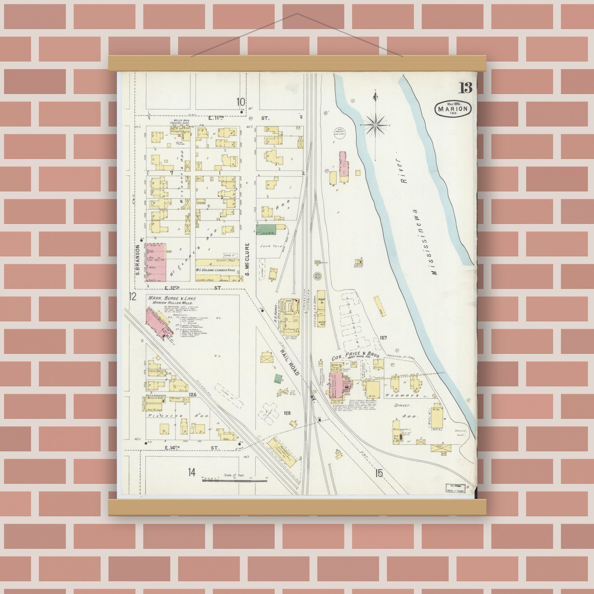 Old map wall art mockup — magnetic wood frame on brick wall — Sanborn Fire Insurance Map from Marion, Grant County, Indiana (1896), Sheet #0013