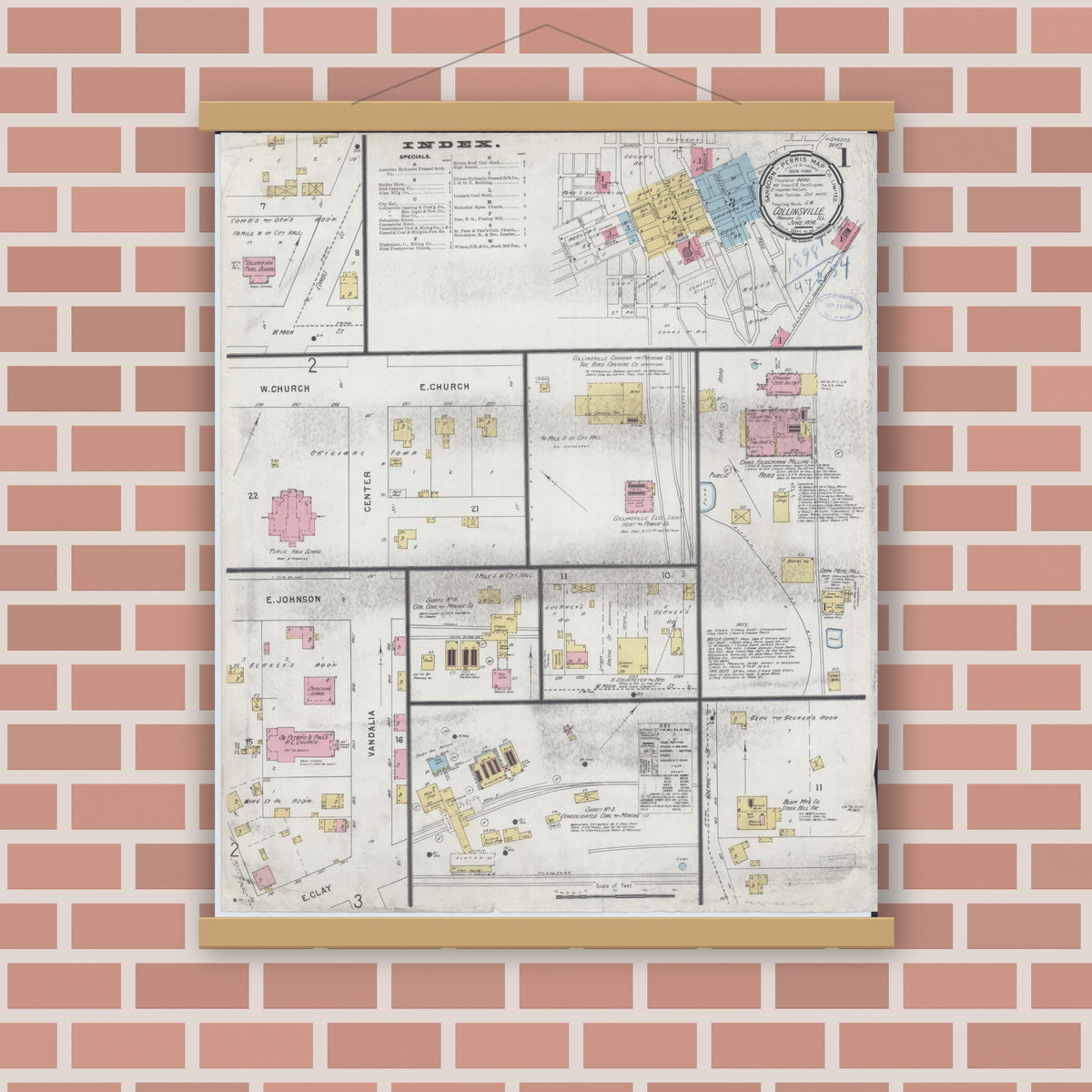 Old map wall art mockup — magnetic wood frame on brick wall — Sanborn Fire Insurance Map from Collinsville, Madison County, Illinois (1898), Sheet #0001