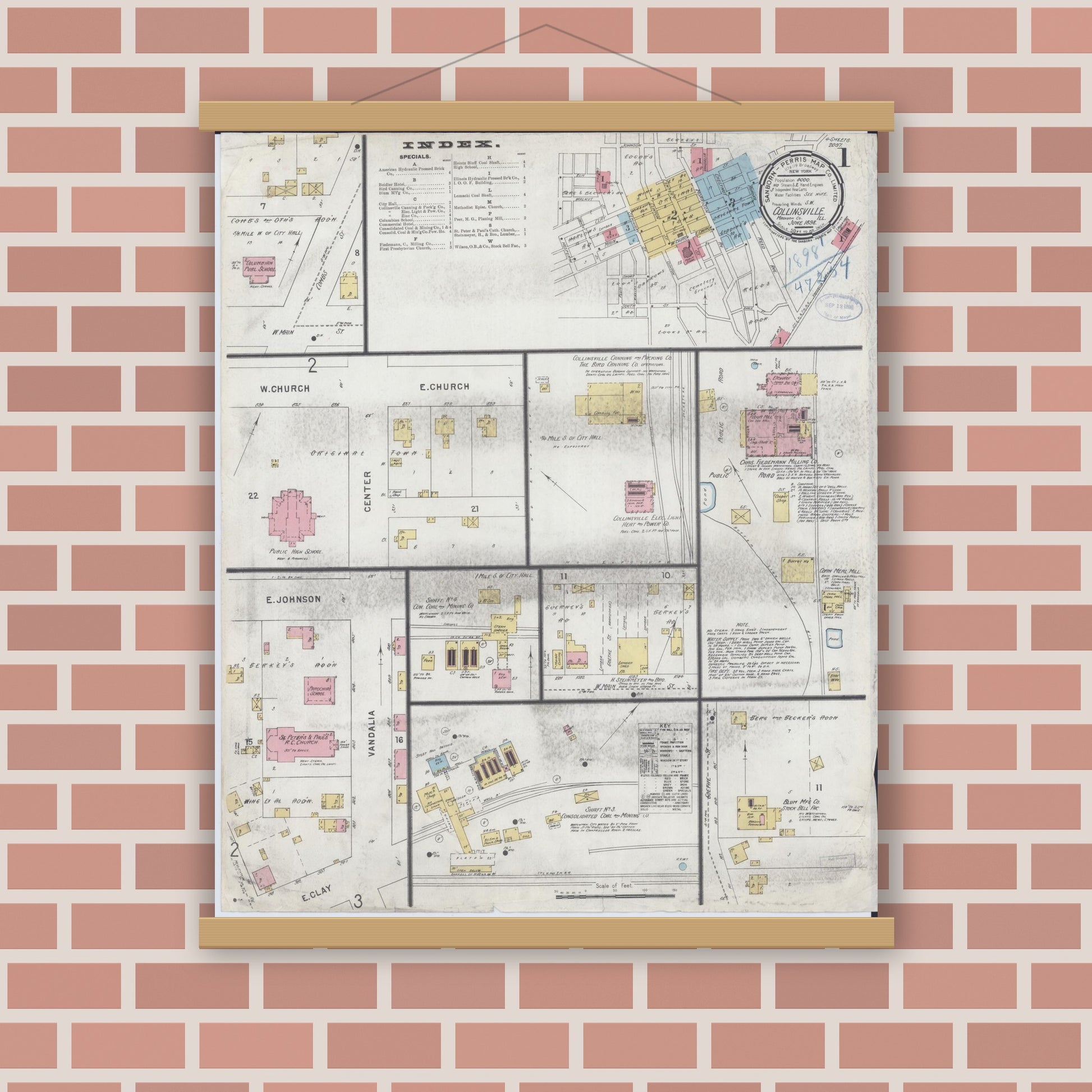 Old map wall art mockup — magnetic wood frame on brick wall — Sanborn Fire Insurance Map from Collinsville, Madison County, Illinois (1898), Sheet #0001