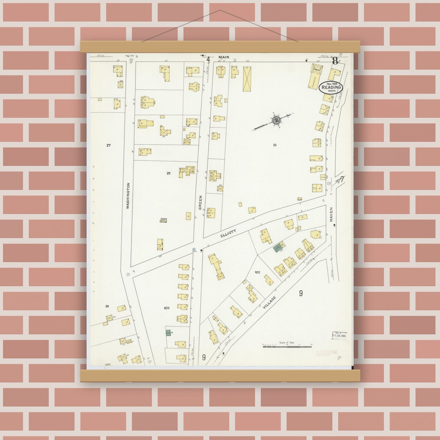 Old map wall art mockup — magnetic wood frame on brick wall — Sanborn Fire Insurance Map from Reading, Middlesex County, Massachusetts (1909), Sheet #0008