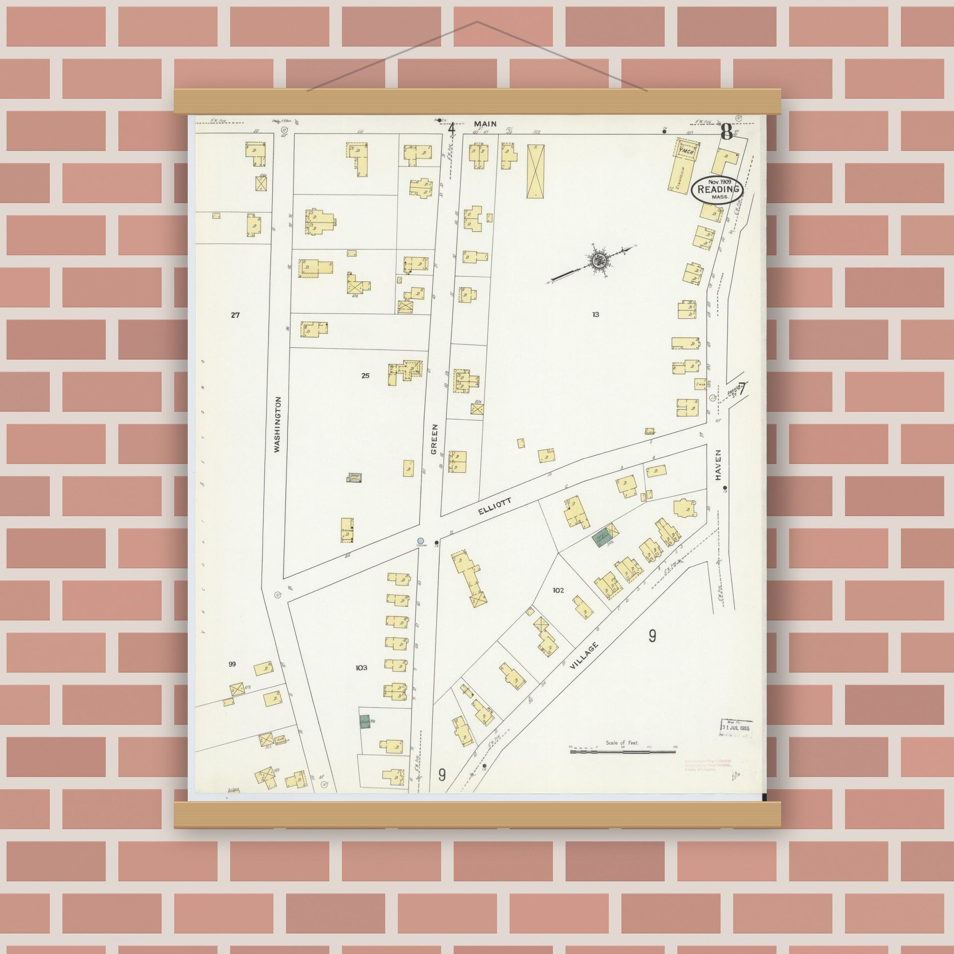 Old map wall art mockup — magnetic wood frame on brick wall — Sanborn Fire Insurance Map from Reading, Middlesex County, Massachusetts (1909), Sheet #0008