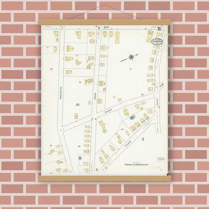 Old map wall art mockup — magnetic wood frame on brick wall — Sanborn Fire Insurance Map from Reading, Middlesex County, Massachusetts (1909), Sheet #0008