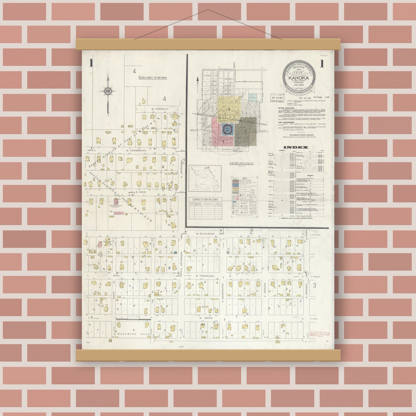 Old map wall art mockup — magnetic wood frame on brick wall — Sanborn Fire Insurance Map from Kahoka, Clark County, Missouri (1933) - Complete Map Set