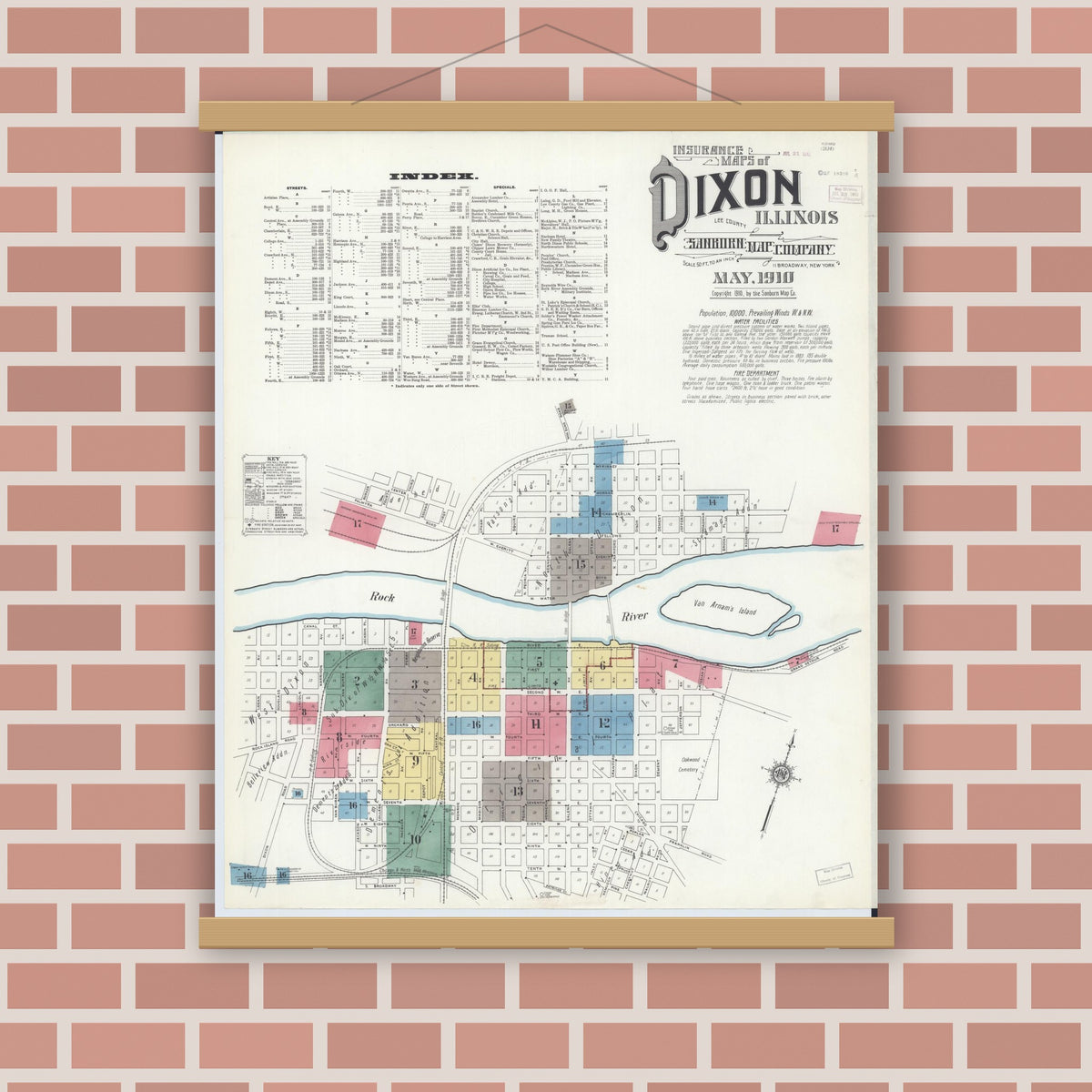 Old map wall art mockup — magnetic wood frame on brick wall — Sanborn Fire Insurance Map from Dixon, Lee County, Illinois (1910), Sheet #0001