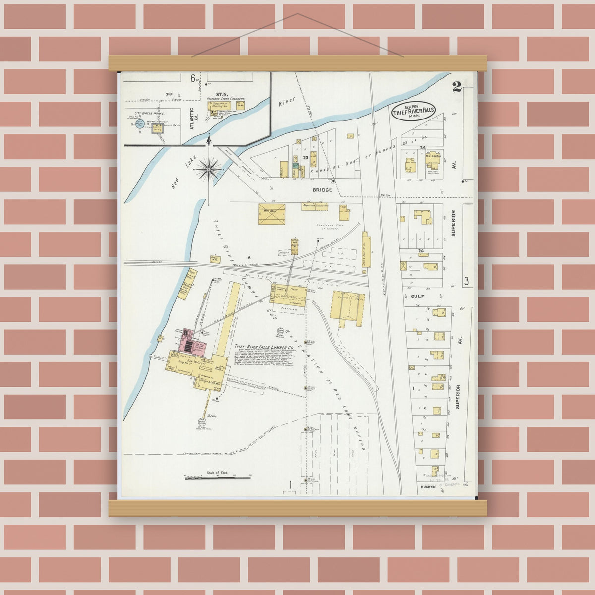 Old map wall art mockup — magnetic wood frame on brick wall — Sanborn Fire Insurance Map from Thief River Falls, Pennington County, Minnesota (1906), Sheet #0002