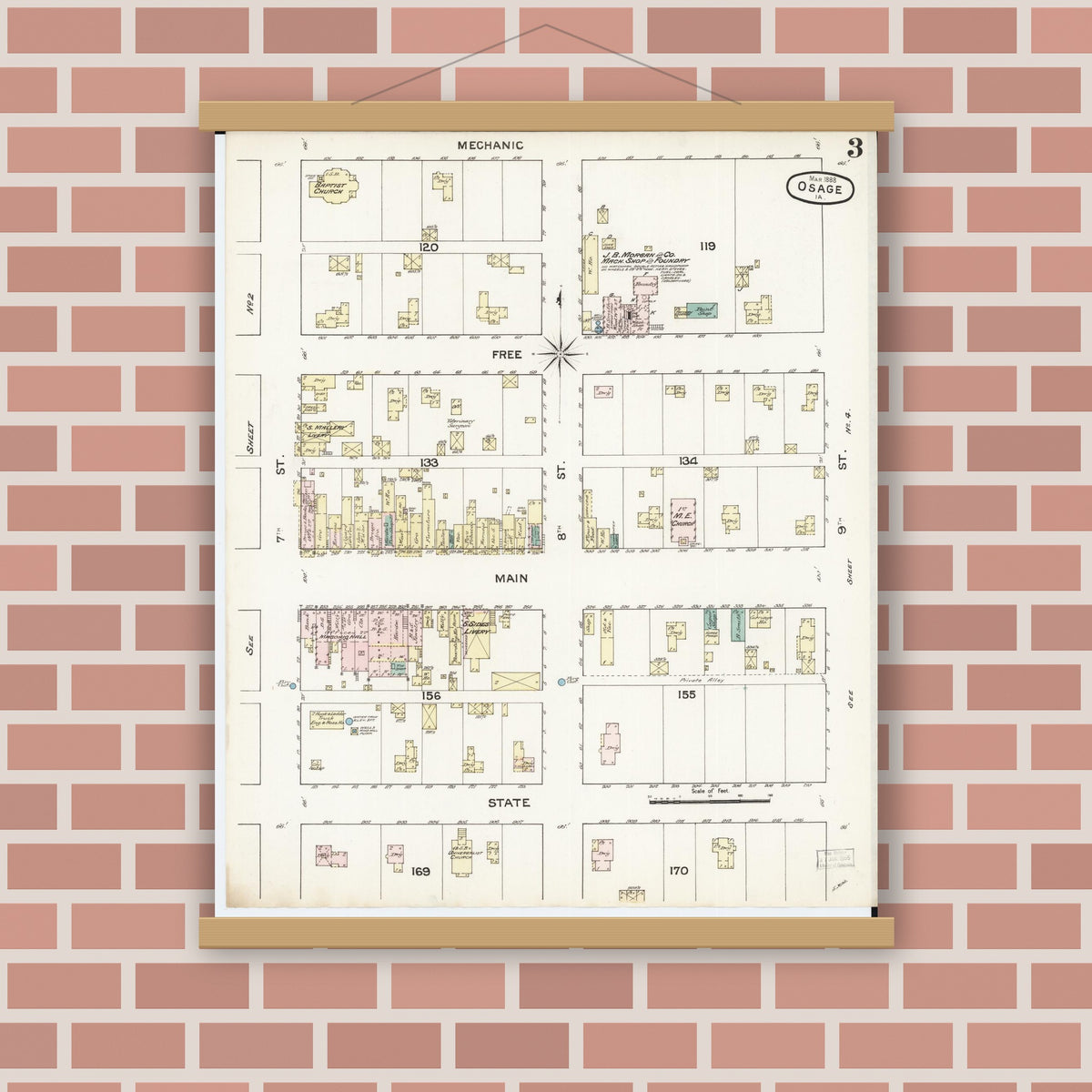 Old map wall art mockup — magnetic wood frame on brick wall — Sanborn Fire Insurance Map from Osage, Mitchell County, Iowa (1888), Sheet #0003