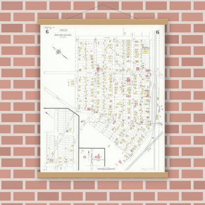 Old map wall art mockup — magnetic wood frame on brick wall — Sanborn Fire Insurance Map from Chesterton, Porter County, Indiana (1935), Sheet #0006