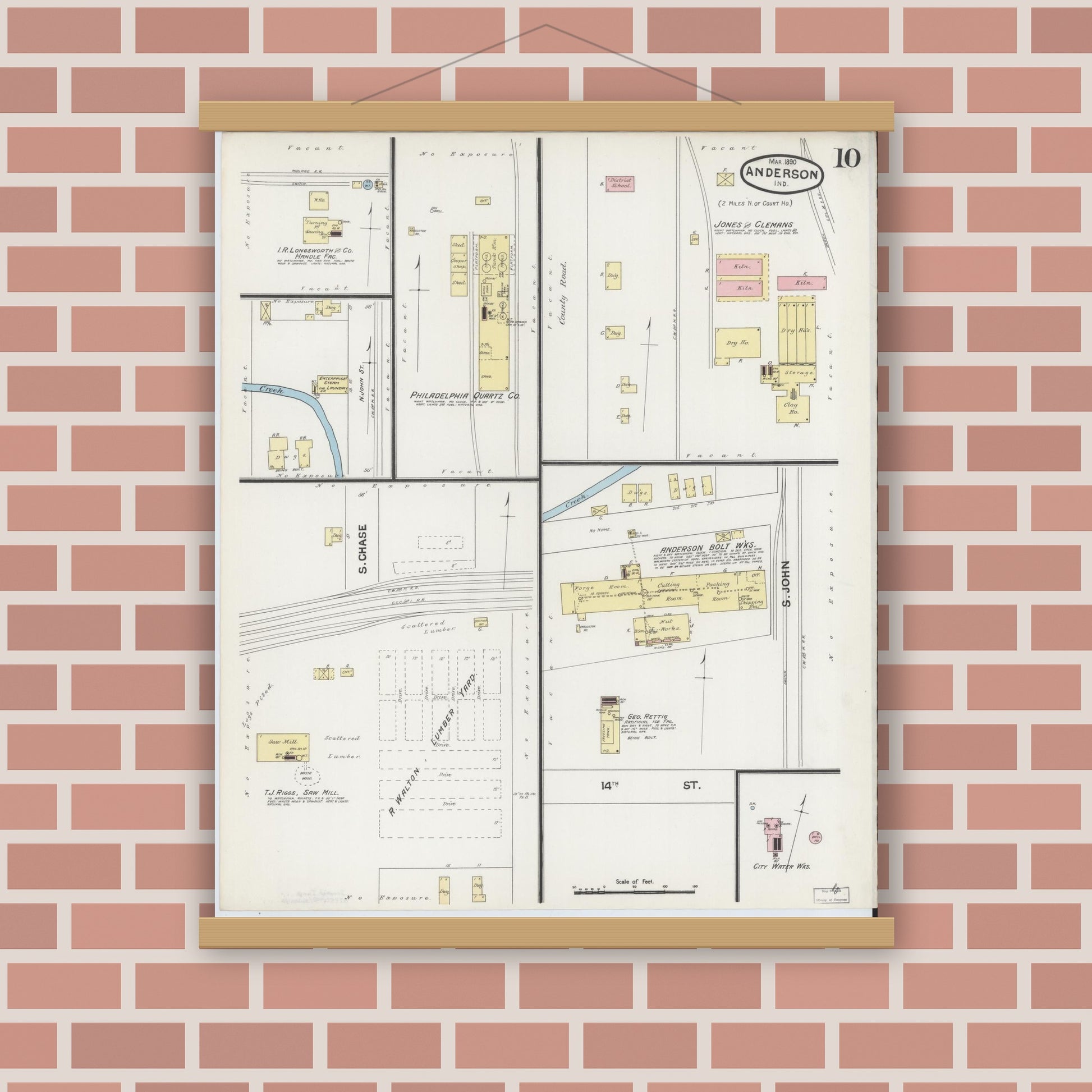 Old map wall art mockup — magnetic wood frame on brick wall — Sanborn Fire Insurance Map from Anderson, Madison County, Indiana (1890), Sheet #0010