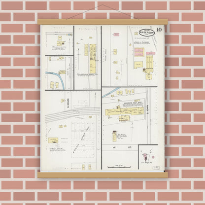 Old map wall art mockup — magnetic wood frame on brick wall — Sanborn Fire Insurance Map from Anderson, Madison County, Indiana (1890), Sheet #0010