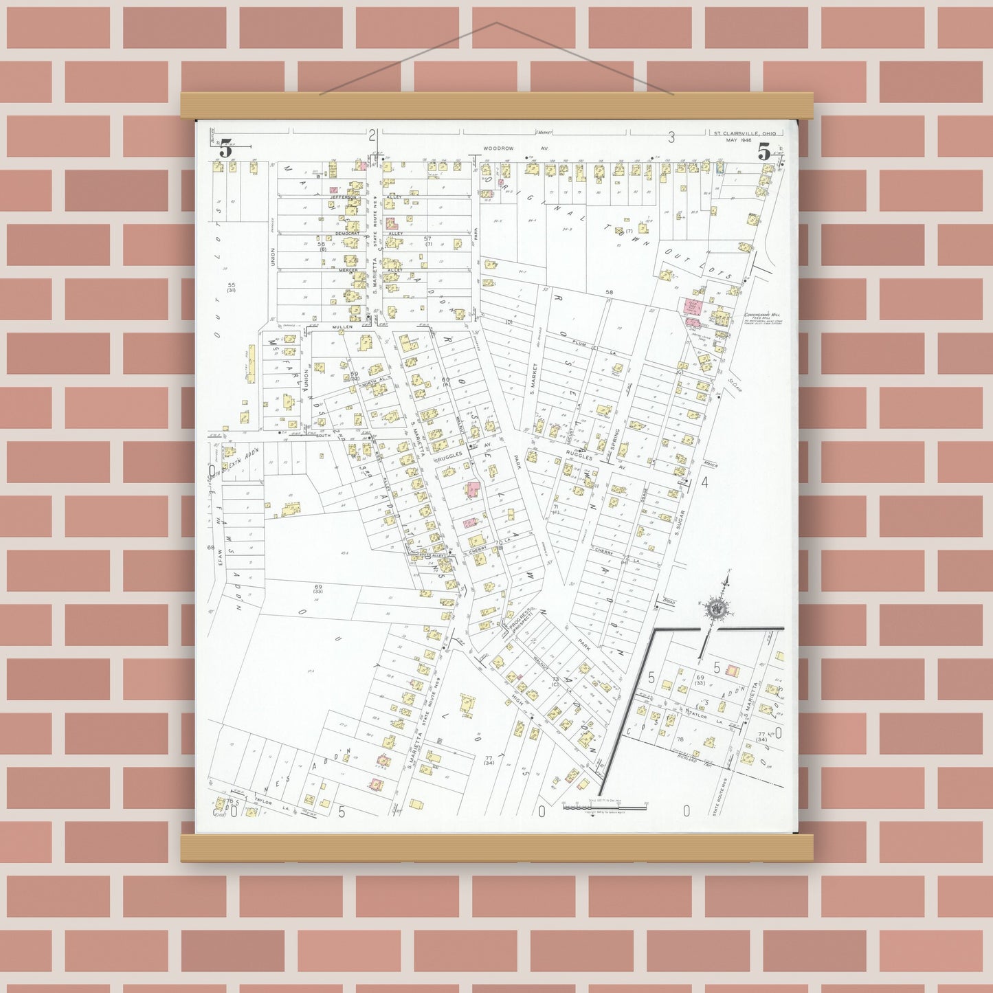 Old map wall art mockup — magnetic wood frame on brick wall — Sanborn Fire Insurance Map from Saint Clairsville, Belmont County, Ohio (1946), Sheet #0005