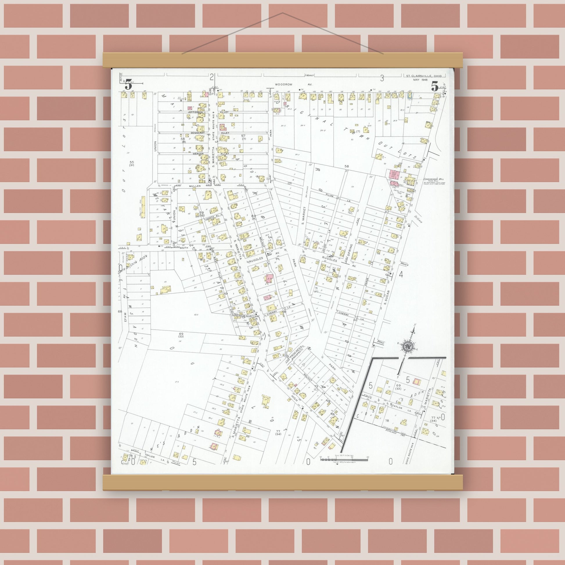 Old map wall art mockup — magnetic wood frame on brick wall — Sanborn Fire Insurance Map from Saint Clairsville, Belmont County, Ohio (1946), Sheet #0005