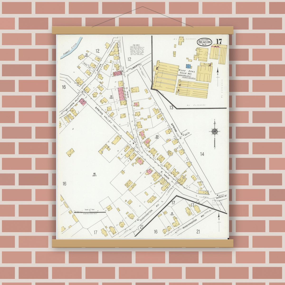 Old map wall art mockup — magnetic wood frame on brick wall — Sanborn Fire Insurance Map from Beacon, Dutchess County, New York (1919), Sheet #0017