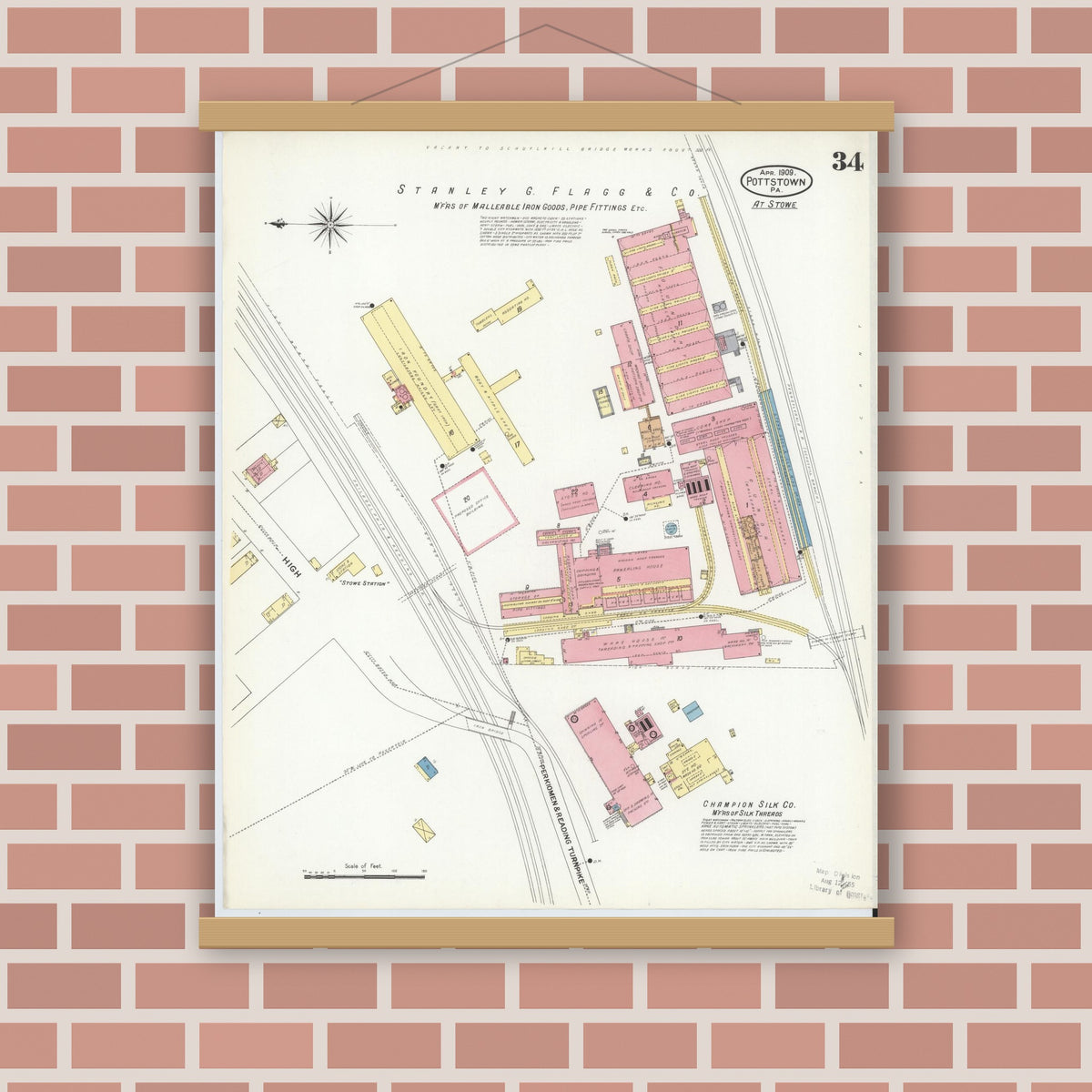 Old map wall art mockup — magnetic wood frame on brick wall — Sanborn Fire Insurance Map from Pottstown, Montgomery County, Pennsylvania (1909), Sheet #0034