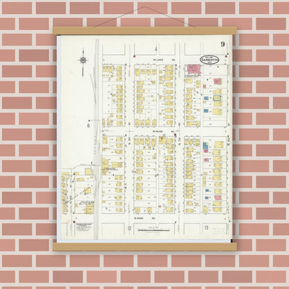 Old map wall art mockup — magnetic wood frame on brick wall — Sanborn Fire Insurance Map from Barberton, Summit County, Ohio (1916), Sheet #0009