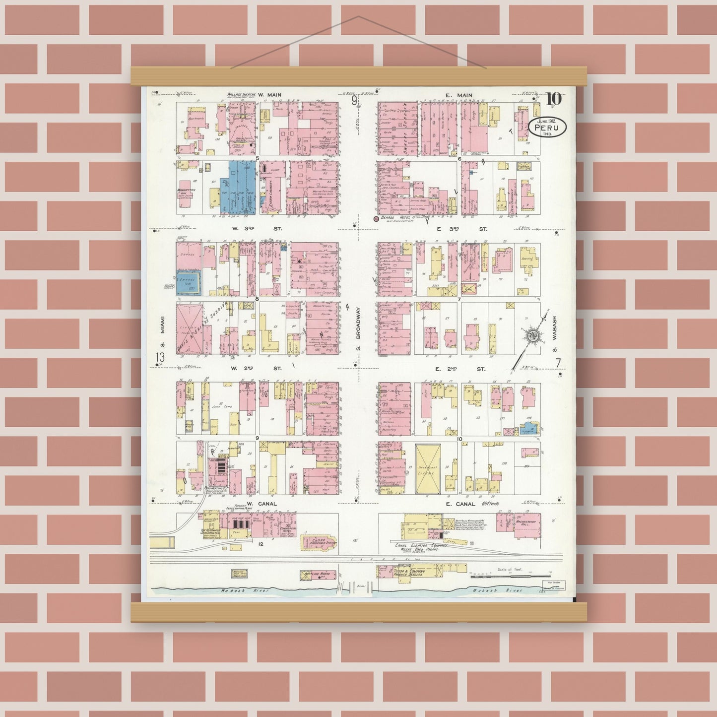 Old map wall art mockup — magnetic wood frame on brick wall — Sanborn Fire Insurance Map from Peru, Miami County, Indiana (1912), Sheet #0010