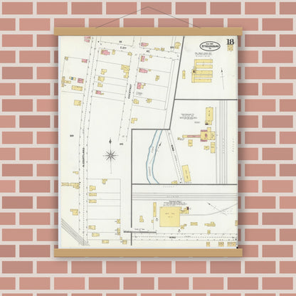 Old map wall art mockup — magnetic wood frame on brick wall — Sanborn Fire Insurance Map from Stroudsburg, Monroe County, Pennsylvania (1905), Sheet #0018