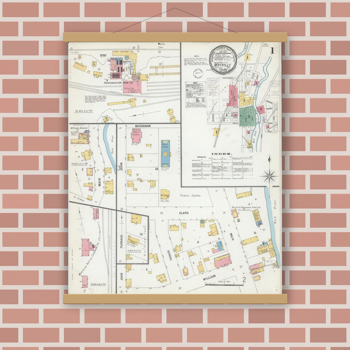 Old map wall art mockup — magnetic wood frame on brick wall — Sanborn Fire Insurance Map from Mayville, Dodge County, Wisconsin (1900), Sheet #0001