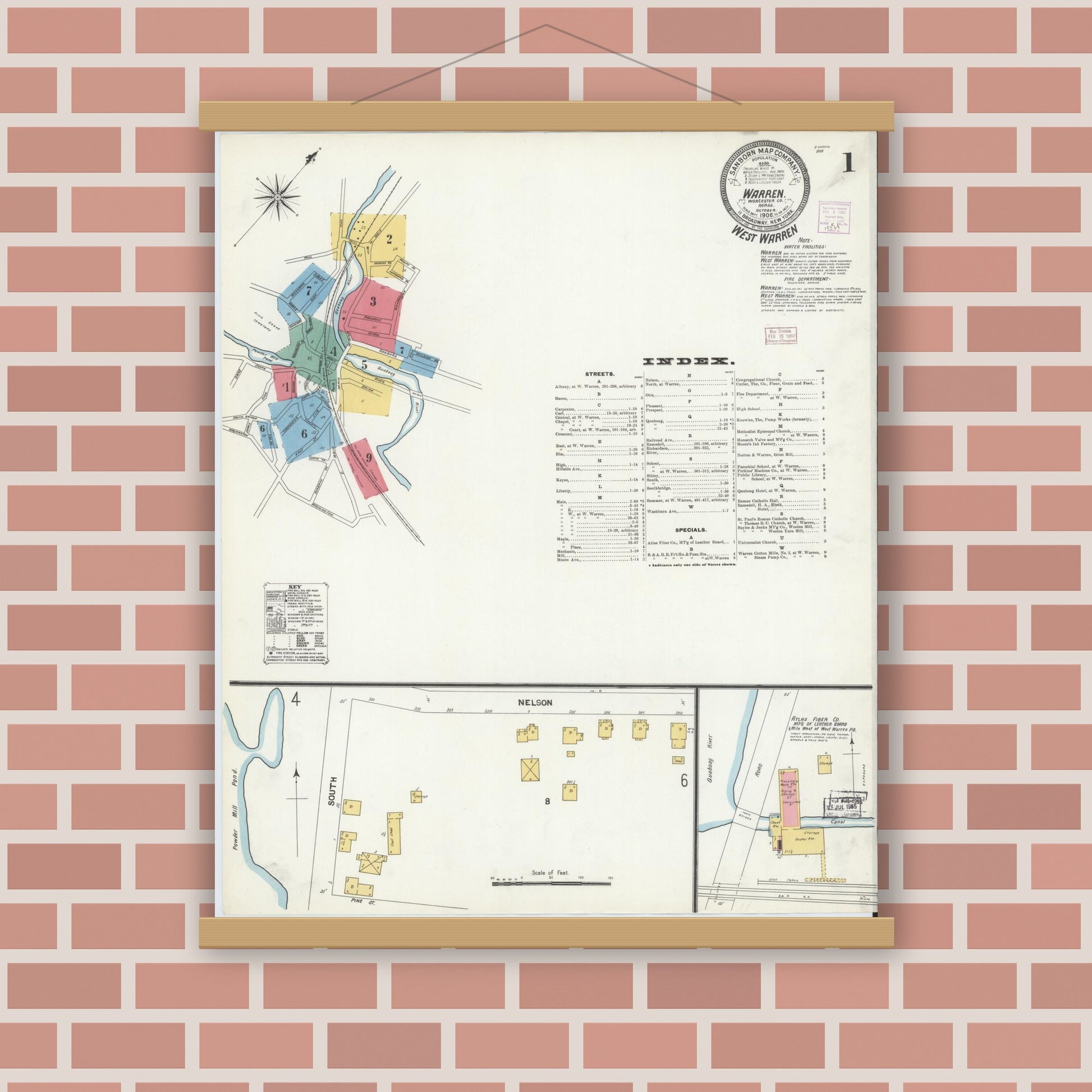 Old map wall art mockup — magnetic wood frame on brick wall — Sanborn Fire Insurance Map from Warren, Worcester County, Massachusetts (1906), Sheet #0001
