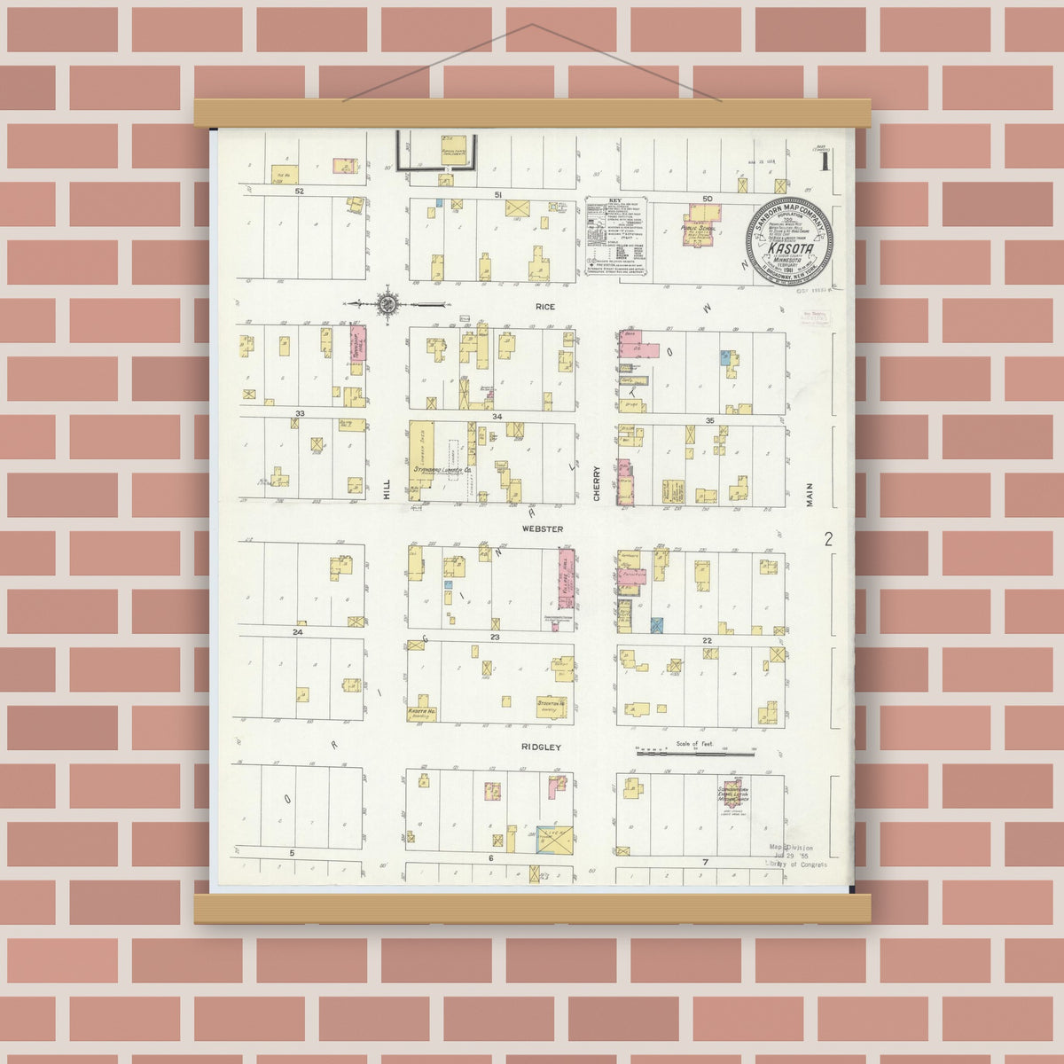 Old map wall art mockup — magnetic wood frame on brick wall — Sanborn Fire Insurance Map from Kasota, Le Sueur County, Minnesota (1911) - Complete Map Set